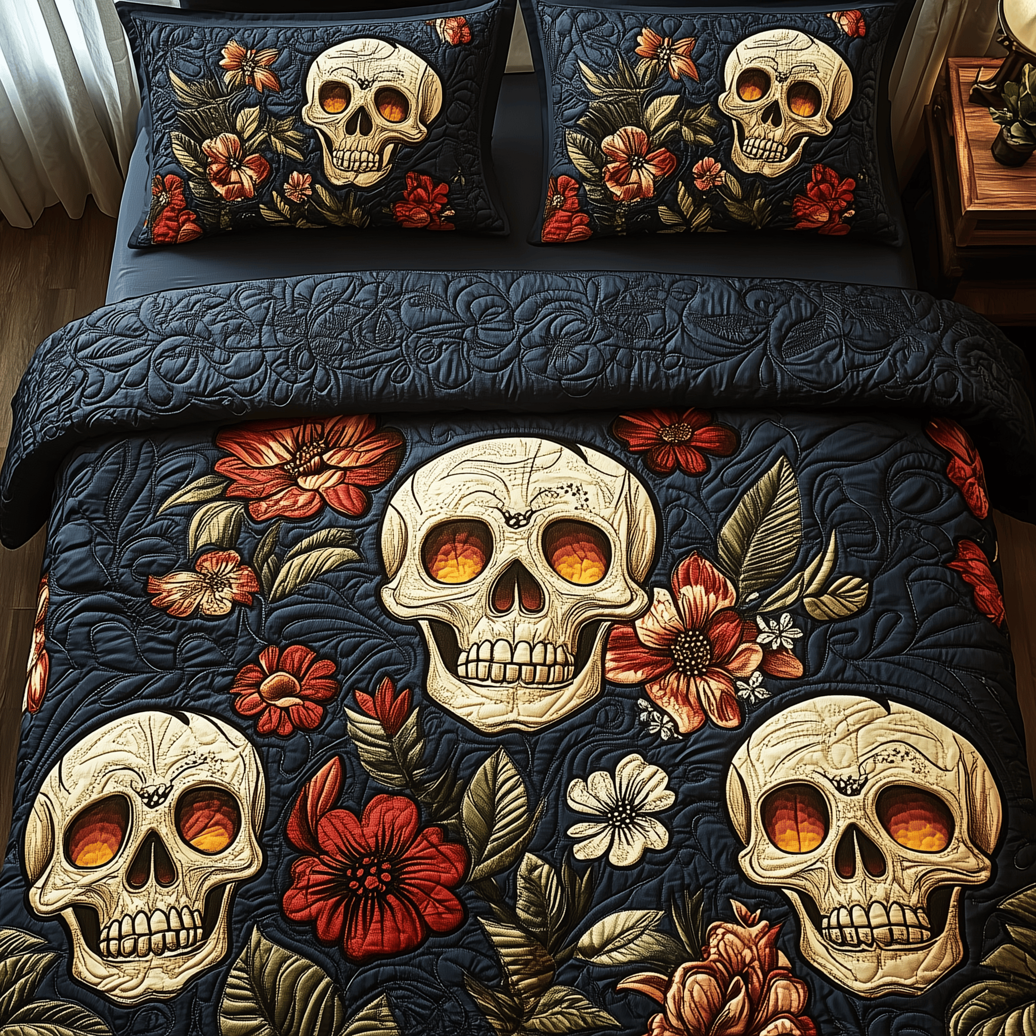 Dark Skull Bouquet Quilted Bedding Set Best Father's Day Duvet Cover Set Skull Gifts For Him