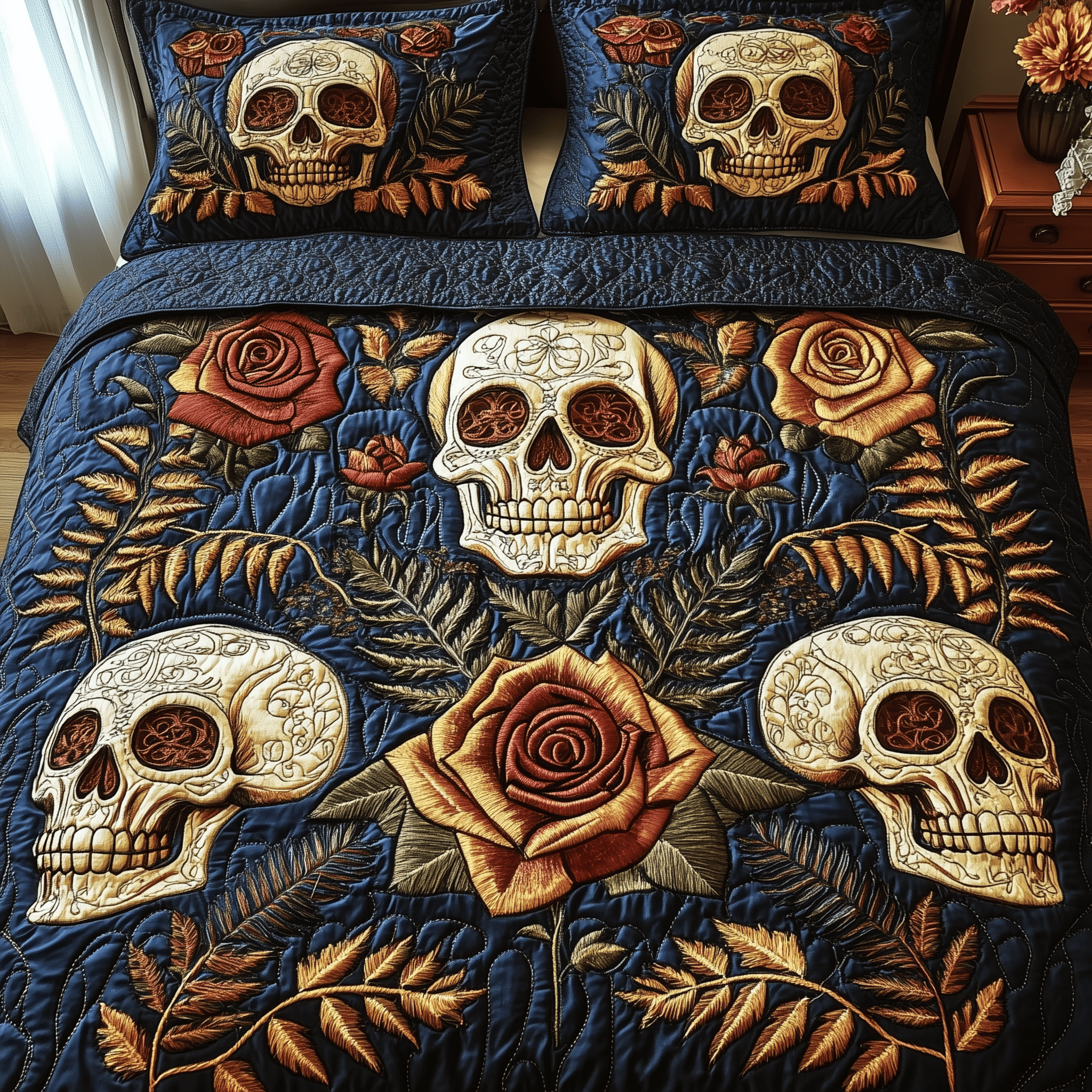 Dark Skull Bouquet Quilted Bedding Set Best Father's Day Duvet Cover Set Unique Skull Gifts