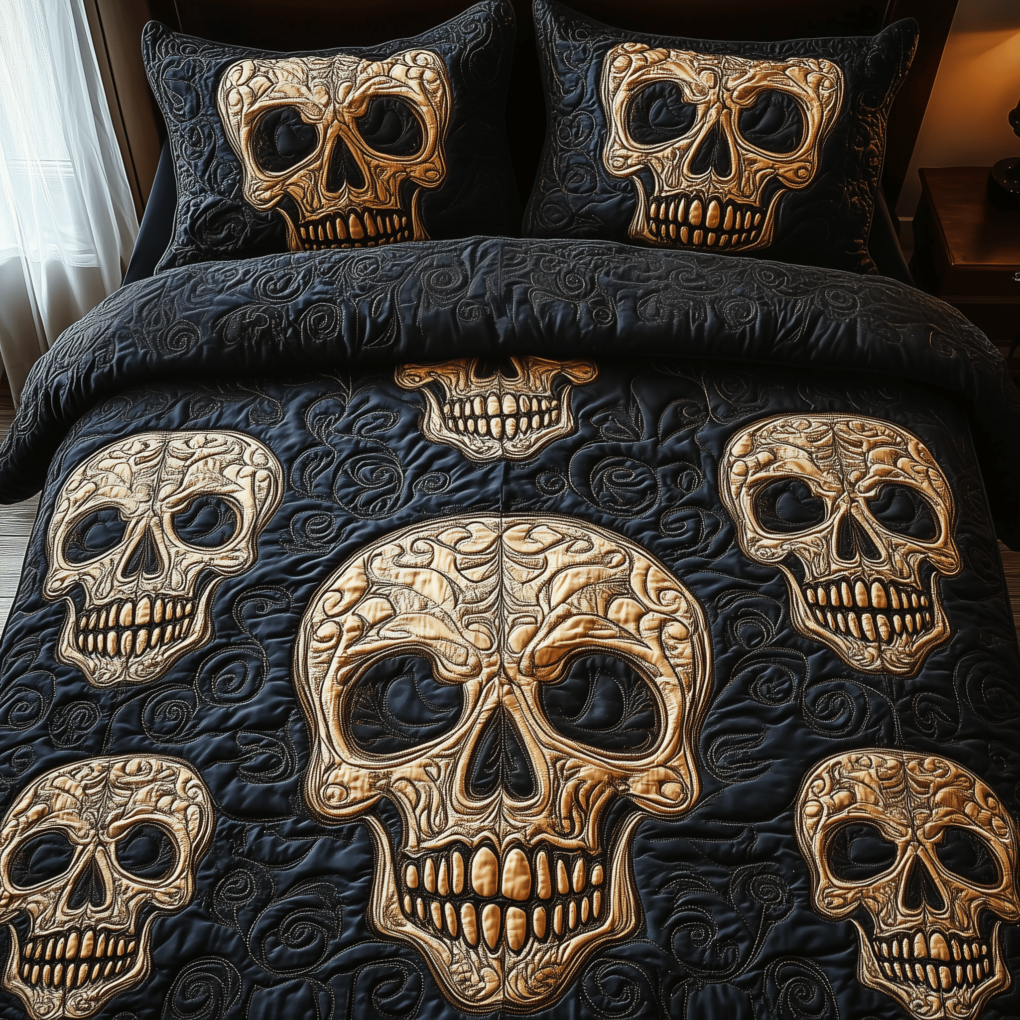 Dark Skull Bouquet Quilted Bedding Set Valentine's Day Duvet Cover Cute Skull Gifts