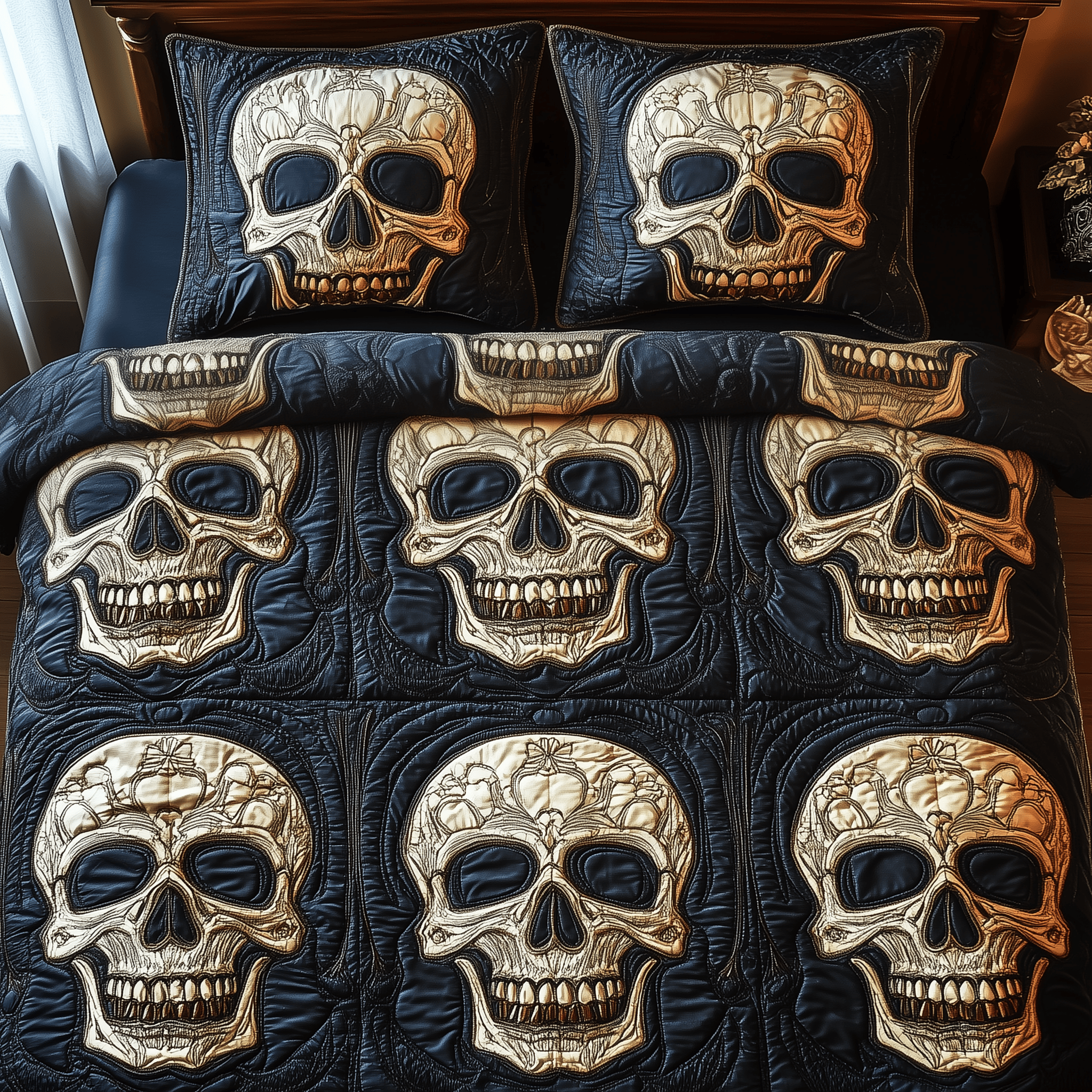 Dark Skull Bouquet Quilted Bedding Set Valentine's Day Duvet Cover Gifts For People Who Like Skulls
