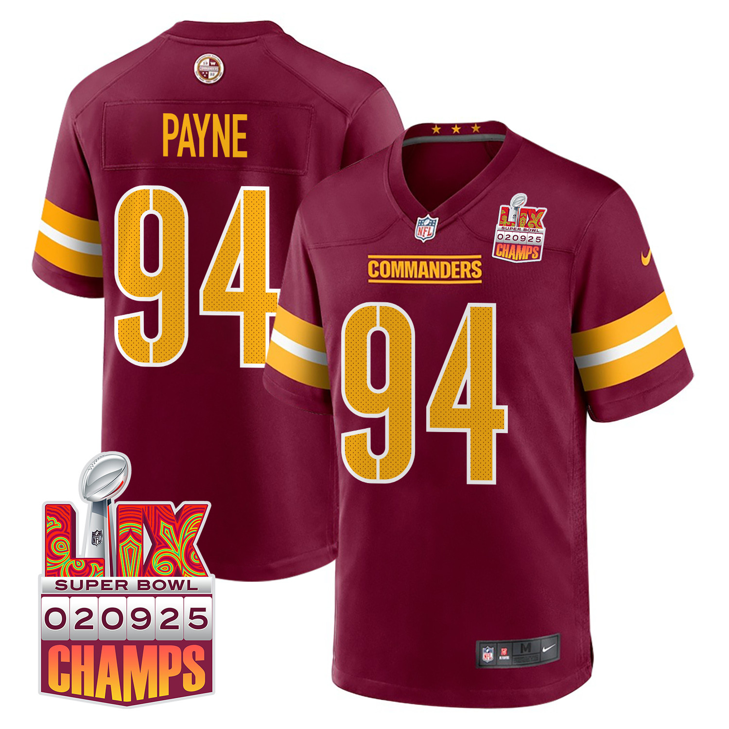 Daron Payne 94 Washington Commanders Super Bowl LIX Champions Patch Game Men Jersey - Burgundy - JS985