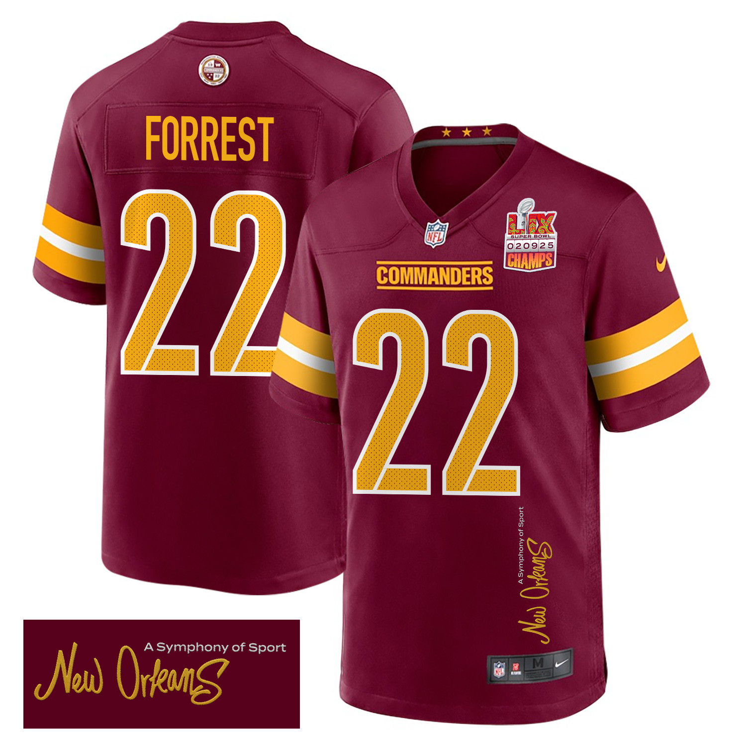 Darrick Forrest 22 Washington Commanders Super Bowl LIX Champions Patch 'New Orleans - A Symphony of Sport' EMBROIDERED Game Men Jersey - Burgundy - JS834