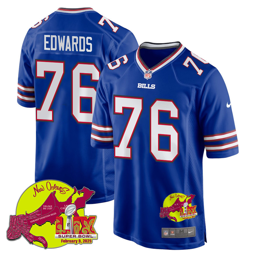David Edwards 76 Buffalo Bills Super Bowl LIX New Orleans Patch Game Men Jersey - Royal - JS323