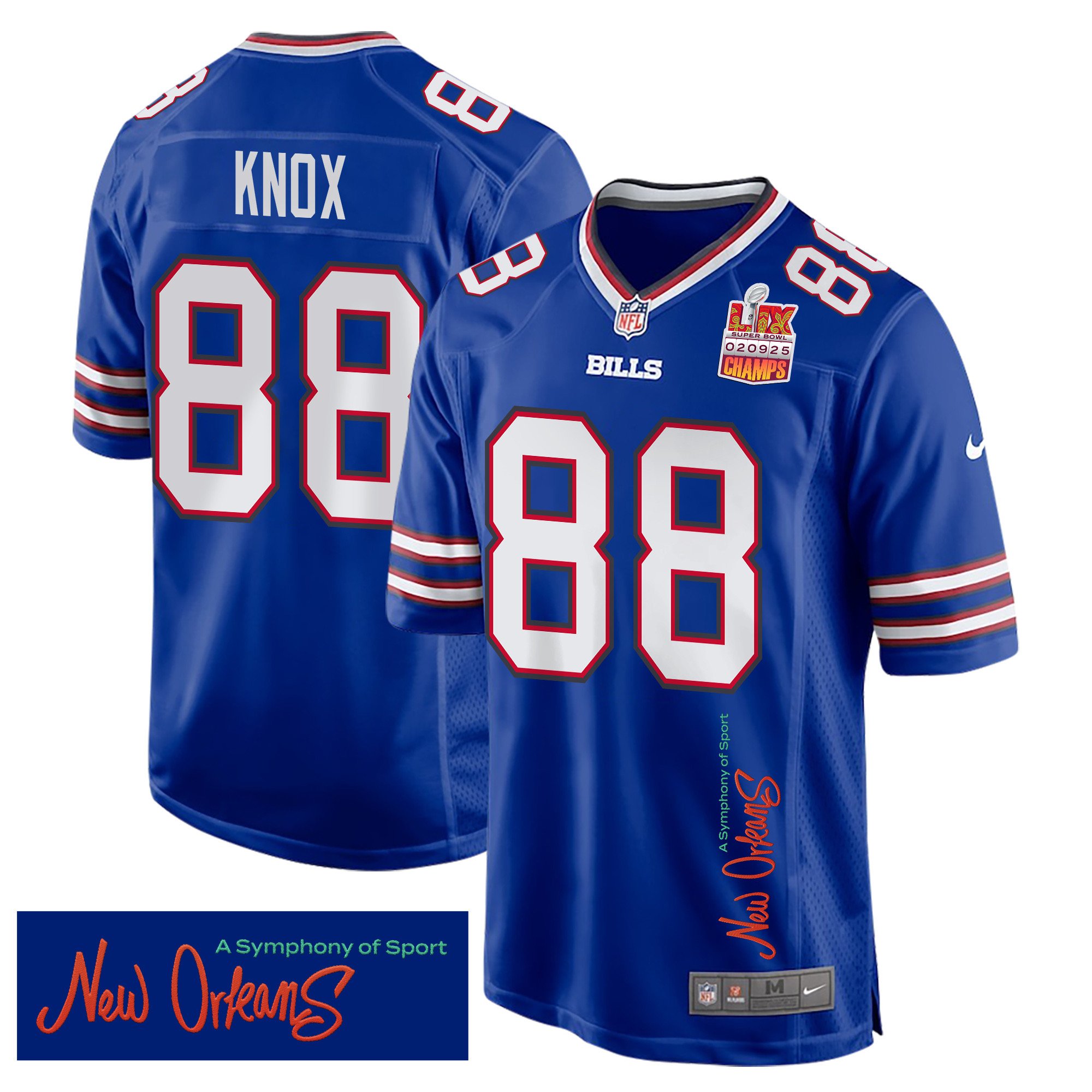 Dawson Knox 88 Buffalo Bills Super Bowl LIX Champions Patch 'New Orleans - A Symphony of Sport' EMBROIDERED Game Men Jersey - Royal - JS865