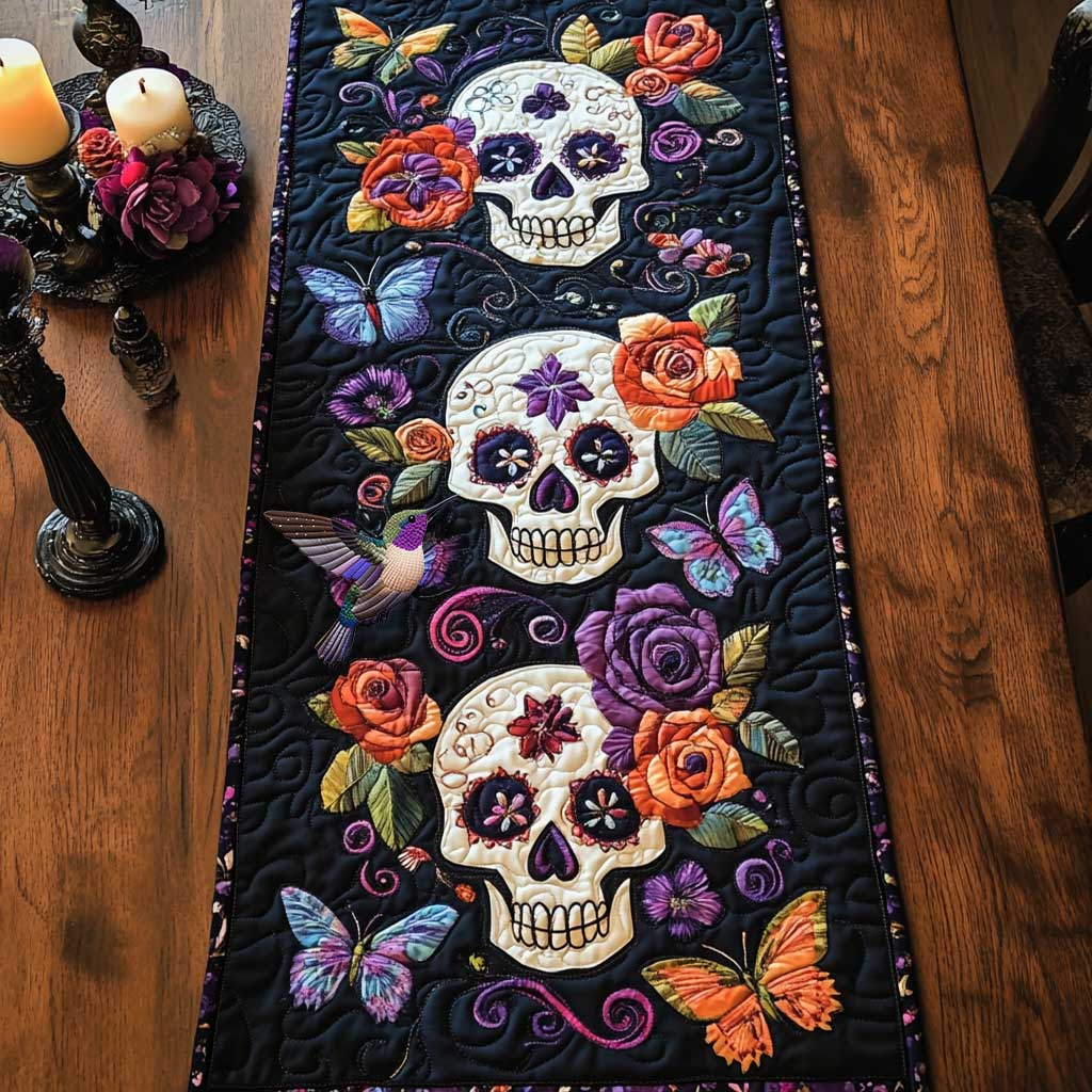 Day Of The Dead Beauty Quilted Table Runner Home Dining Decorations Unique Skull Items For Gifts