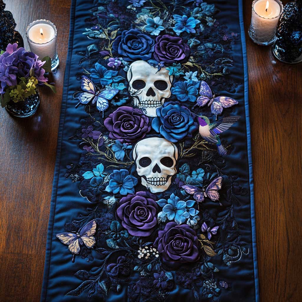 Day Of The Dead Blossom Quilted Table Runner Home Dining Decorations Unique Skull Items For Gifts