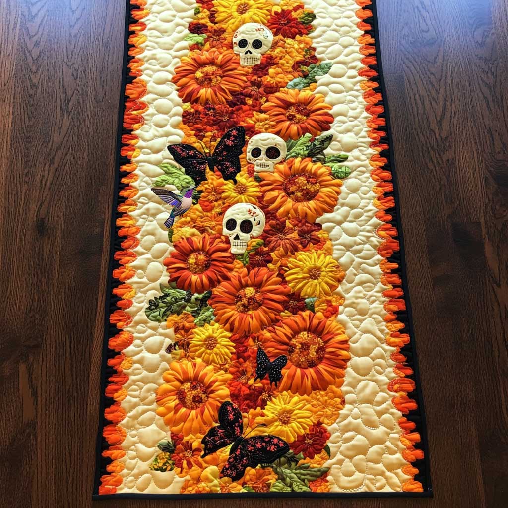 Day Of The Dead Blossoms Quilted Table Runner Home Dining Decorations Unique Skull Items For Gifts
