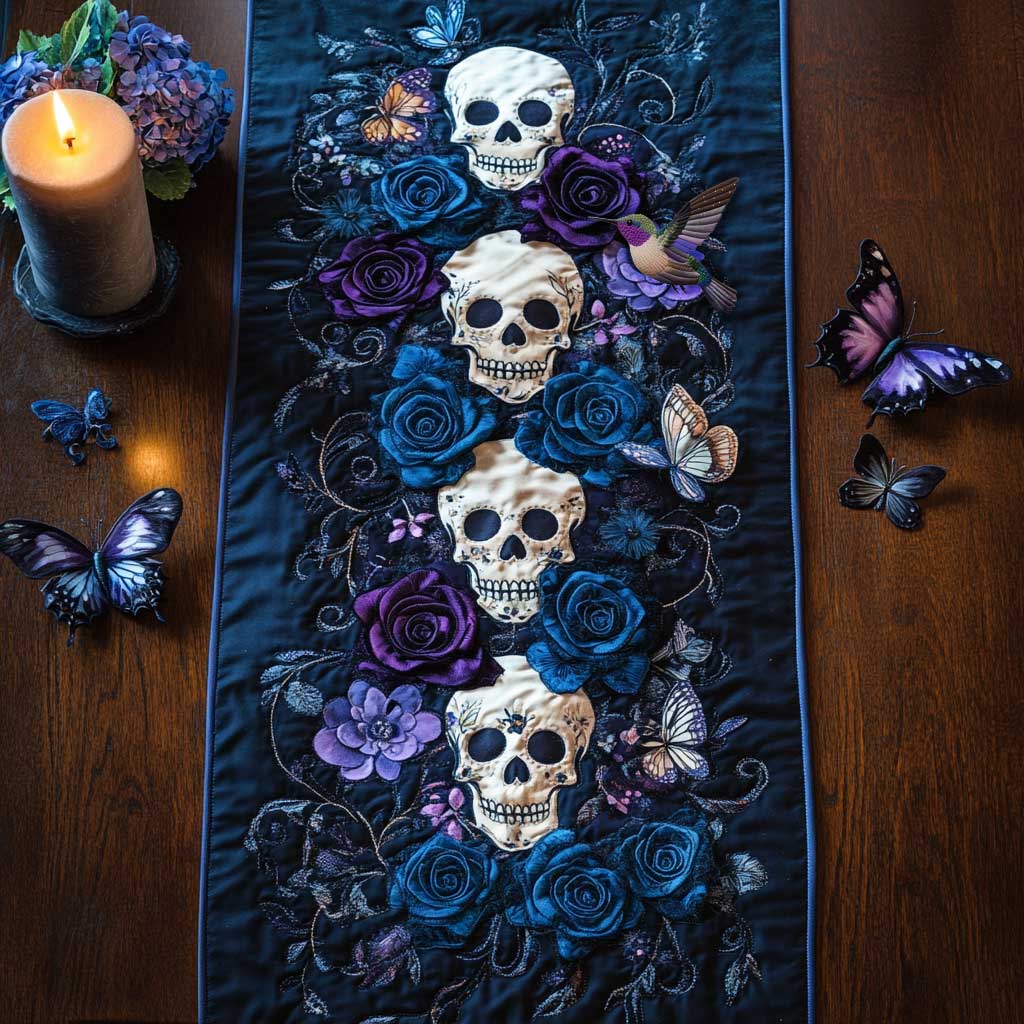Day Of The Dead Eternal Quilted Table Runner Decorations Unique Skull Themed Gifts For Him Her