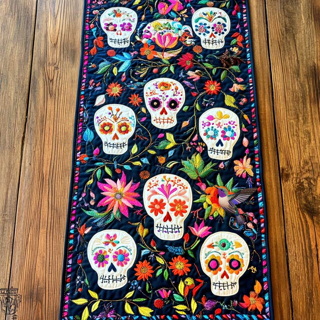 Day Of The Dead Floral Memories Quilted Table Runner Home Dining Decorations Unique Skull Items For Gifts