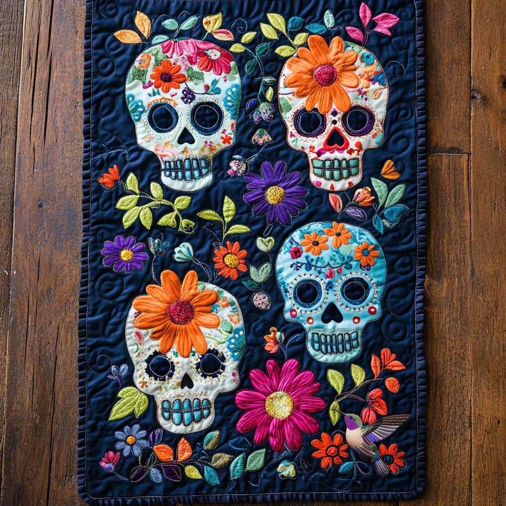 Day Of The Dead Floral Skulls Quilted Table Runner Cool Gifts With Skulls On Them For Her