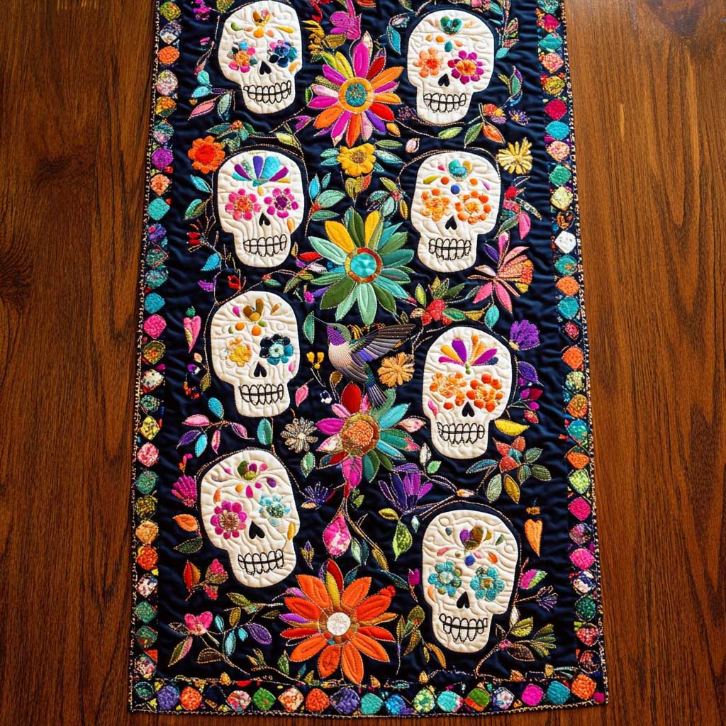 Day Of The Dead Floral Skulls Quilted Table Runner Cool Gifts With Skulls On Them For Her