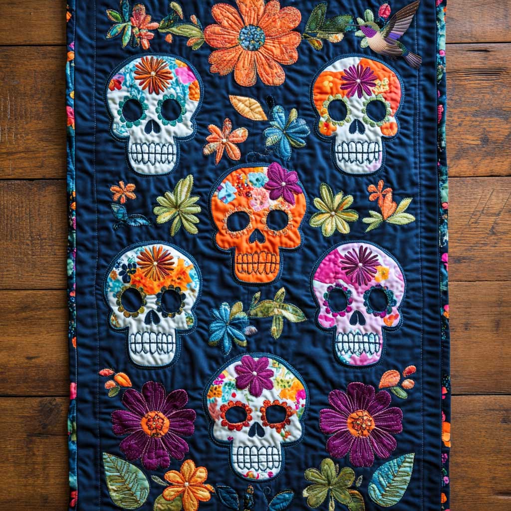 Day Of The Dead Floral Skulls Quilted Table Runner Cool Gifts With Skulls On Them For Her