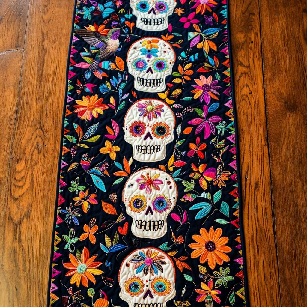 Day Of The Dead Floral Skulls Quilted Table Runner Cool Gifts With Skulls On Them For Him
