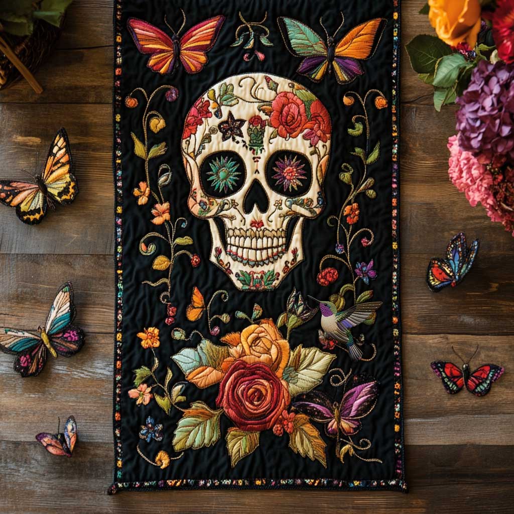 Day Of The Dead Flowers Quilted Table Runner Decorations Unique Skull Themed Gifts For Him Her