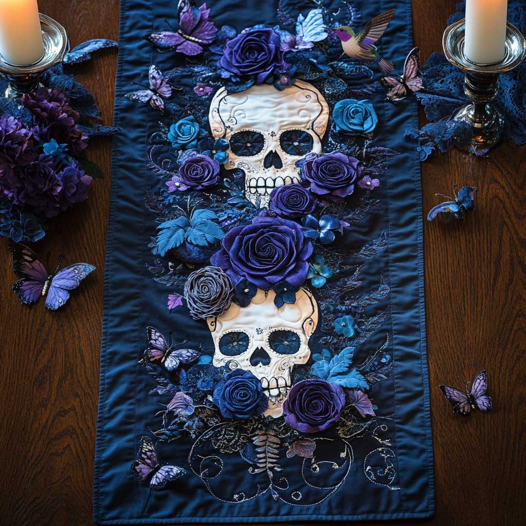 Day Of The Dead Forever Quilted Table Runner Decorations Unique Skull Themed Gifts For Him Her