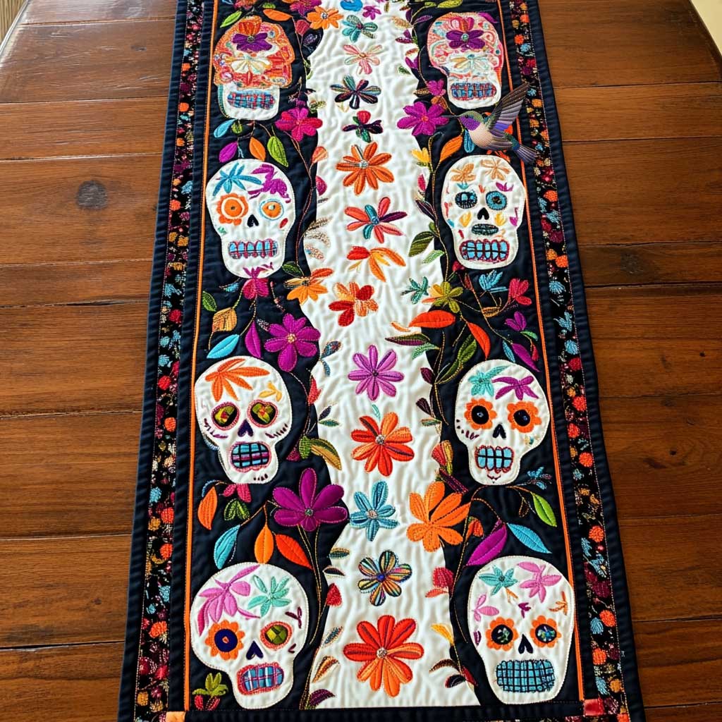 Day Of The Dead Garden Spirits Quilted Table Runner Home Dining Decorations Unique Skull Items For Gifts