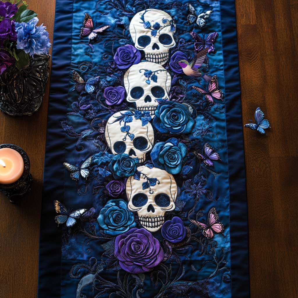 Day Of The Dead Harmony Quilted Table Runner Decorations Unique Skull Themed Gifts For Him Her