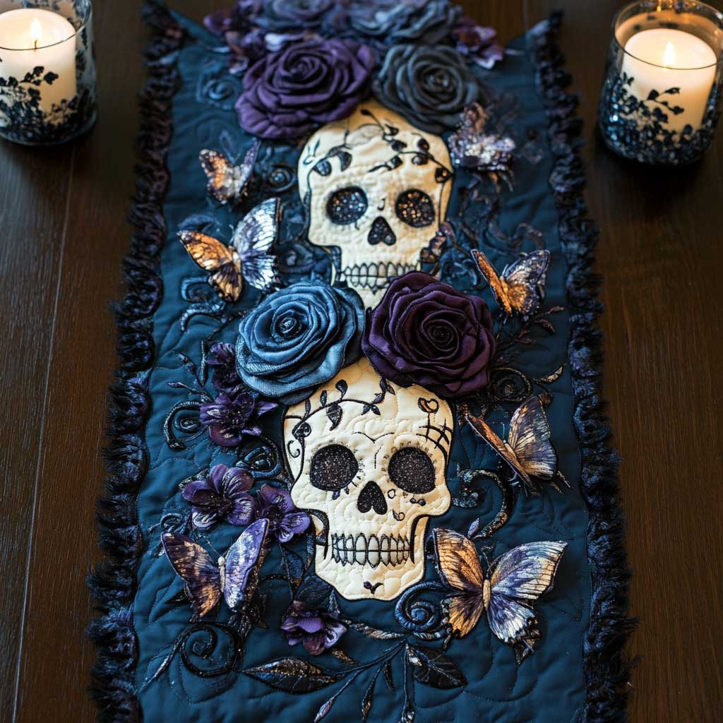 Day Of The Dead Petals Quilted Table Runner Decorations Unique Skull Themed Gifts For Him Her