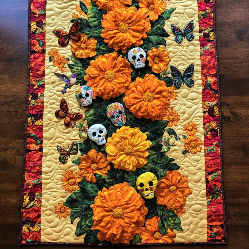 Day Of The Dead Radiance Quilted Table Runner Home Dining Decorations Unique Skull Items For Gifts