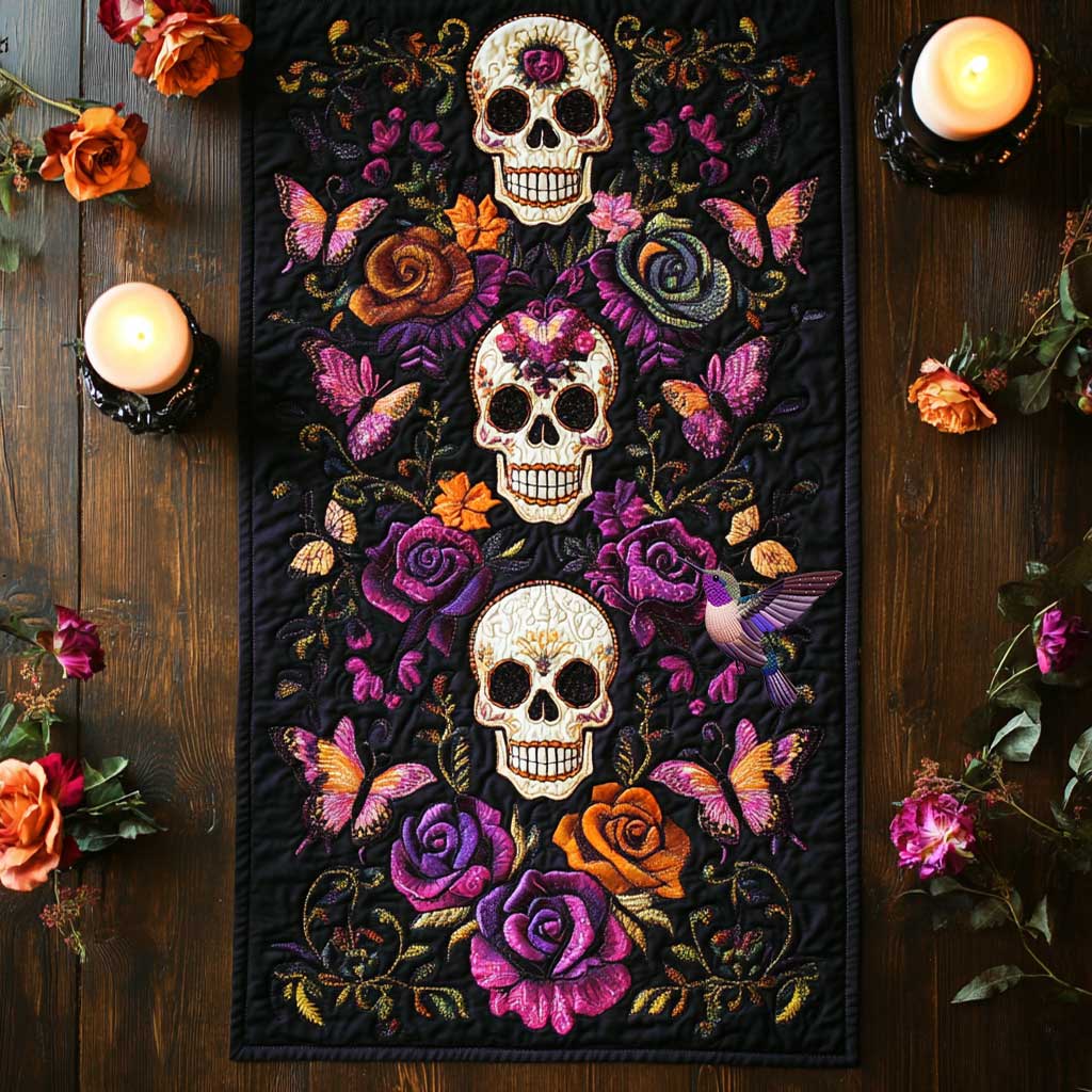 Day Of The Dead Roses Quilted Table Runner Home Dining Decorations Unique Skull Items For Gifts