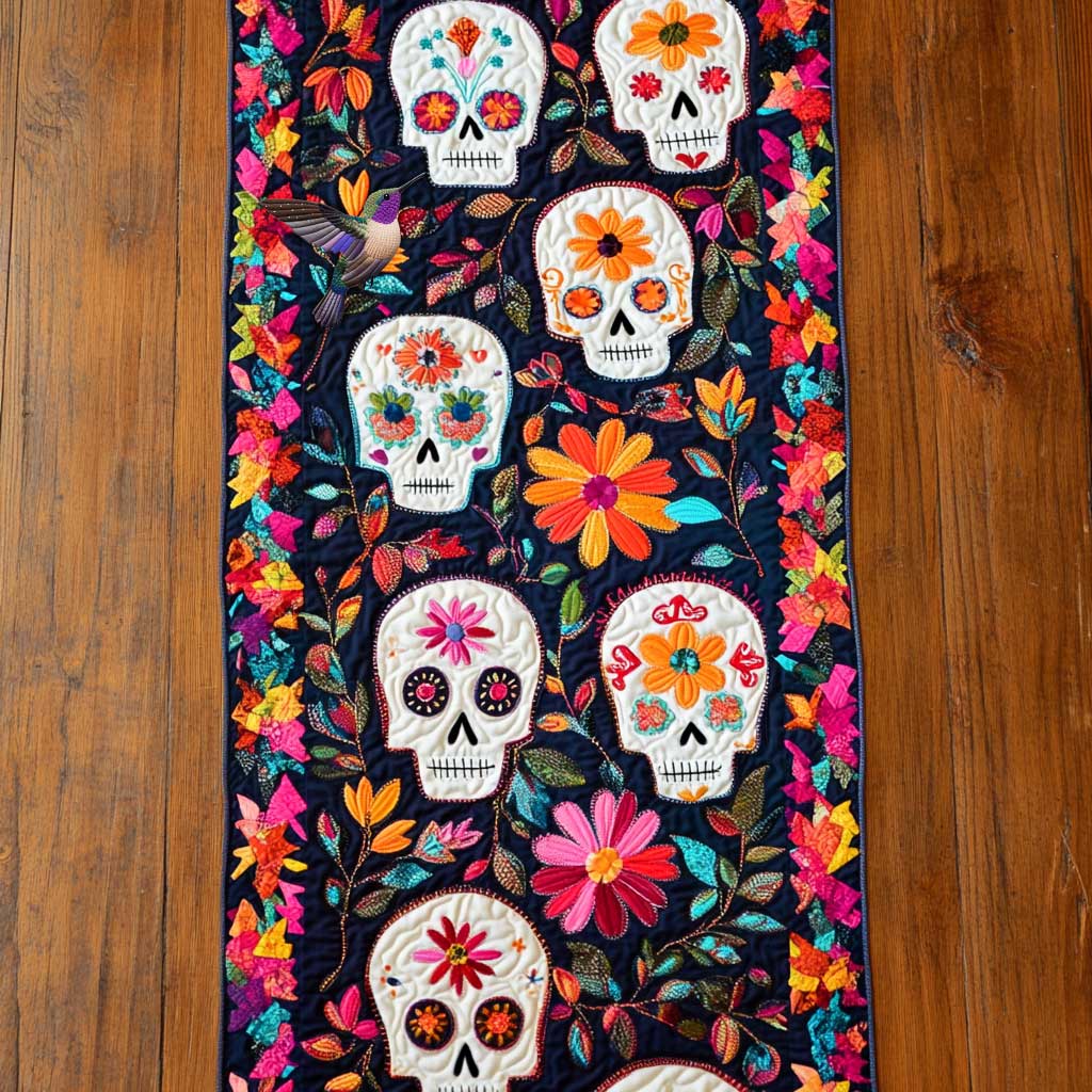 Day Of The Dead Skull Blossoms Quilted Table Runner Cool Gifts With Skulls On Them For Him