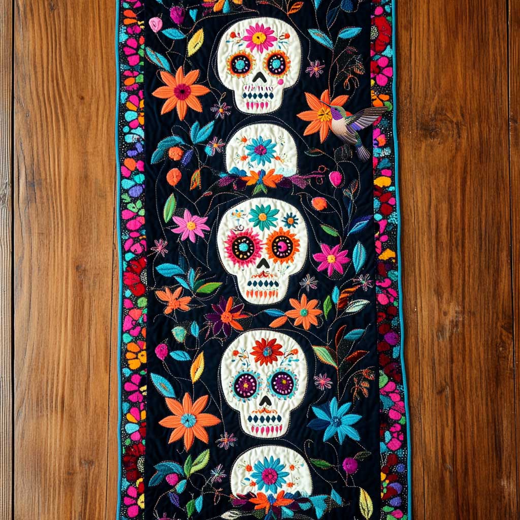 Day Of The Dead Skull Blossoms Quilted Table Runner Cool Gifts With Skulls On Them For Him