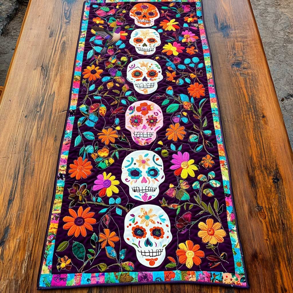 Day Of The Dead Skull Blossoms Quilted Table Runner Decorations Items Gifts For People Who Like Skulls