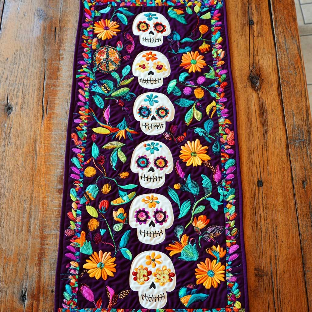 Day Of The Dead Skull Blossoms Quilted Table Runner Decorations Items Gifts For People Who Like Skulls