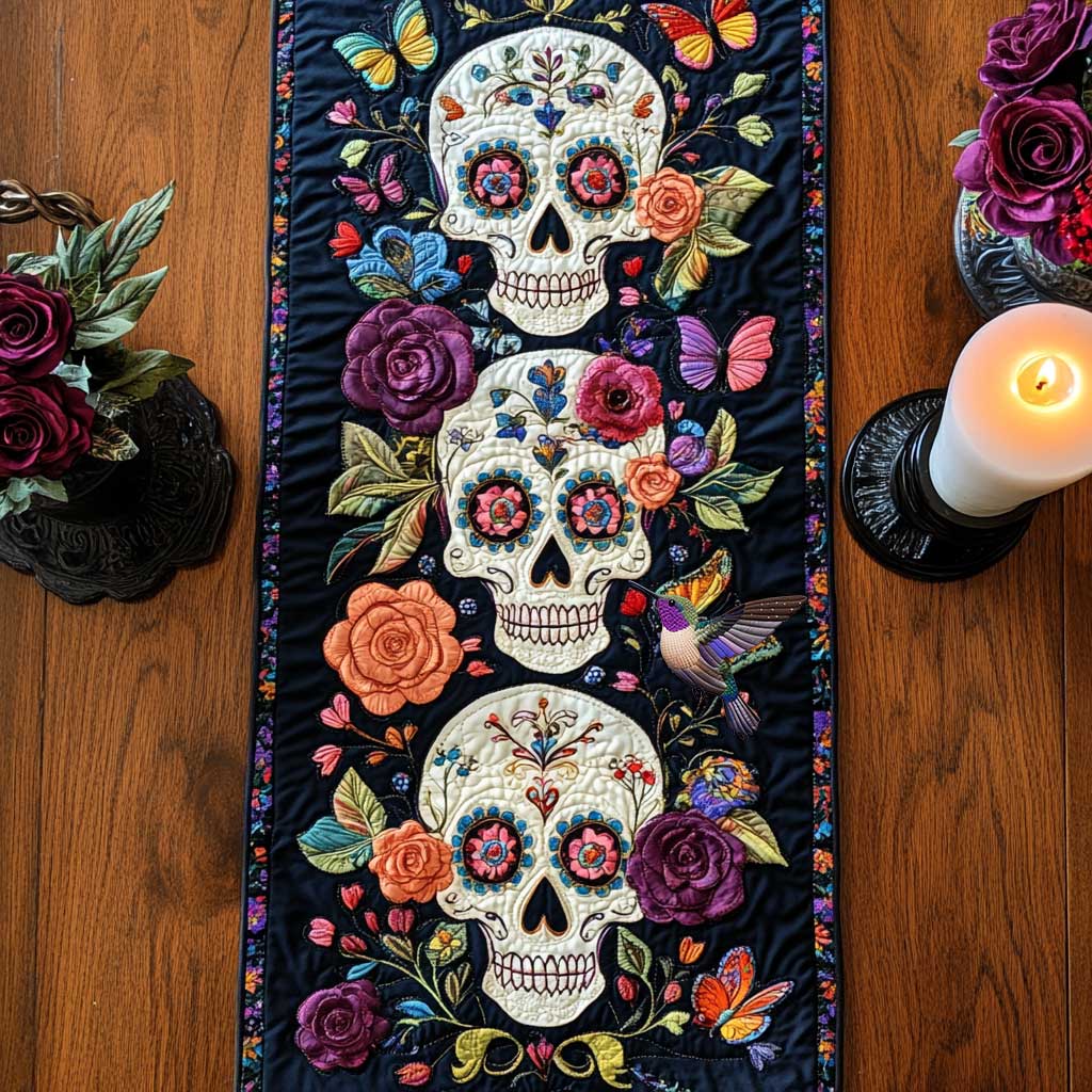 Day Of The Dead Skulls Quilted Table Runner Decorations Themed Skull Christmas Gifts For Men