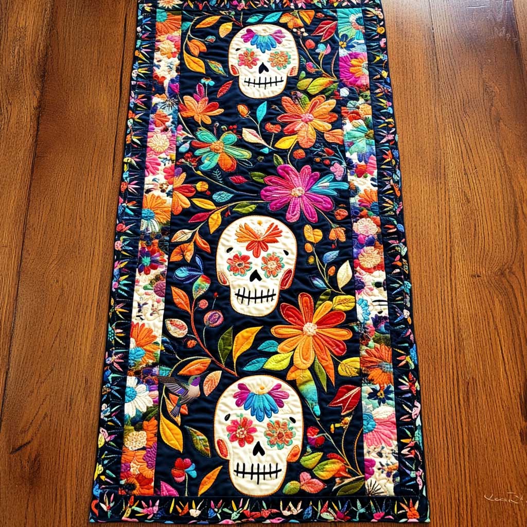 Day Of The Dead Vibrant Skulls Quilted Table Runner Best Skull Gifts For Women