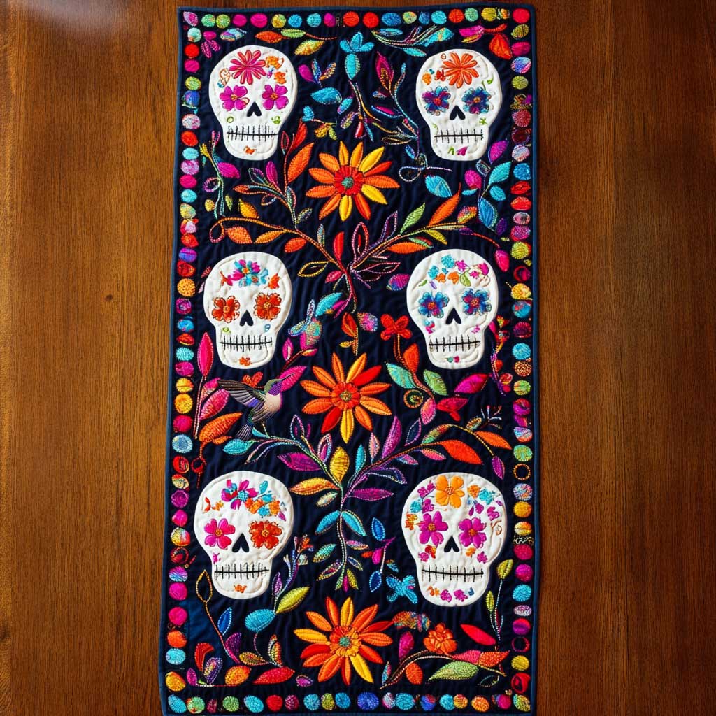 Day Of The Dead Vibrant Skulls Quilted Table Runner Best Skull Gifts For Women