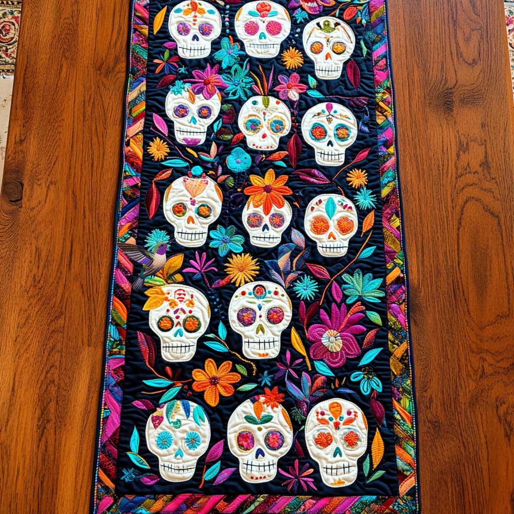 Day Of The Dead Vibrant Skulls Quilted Table Runner Decorations Items Gifts For People Who Like Skulls