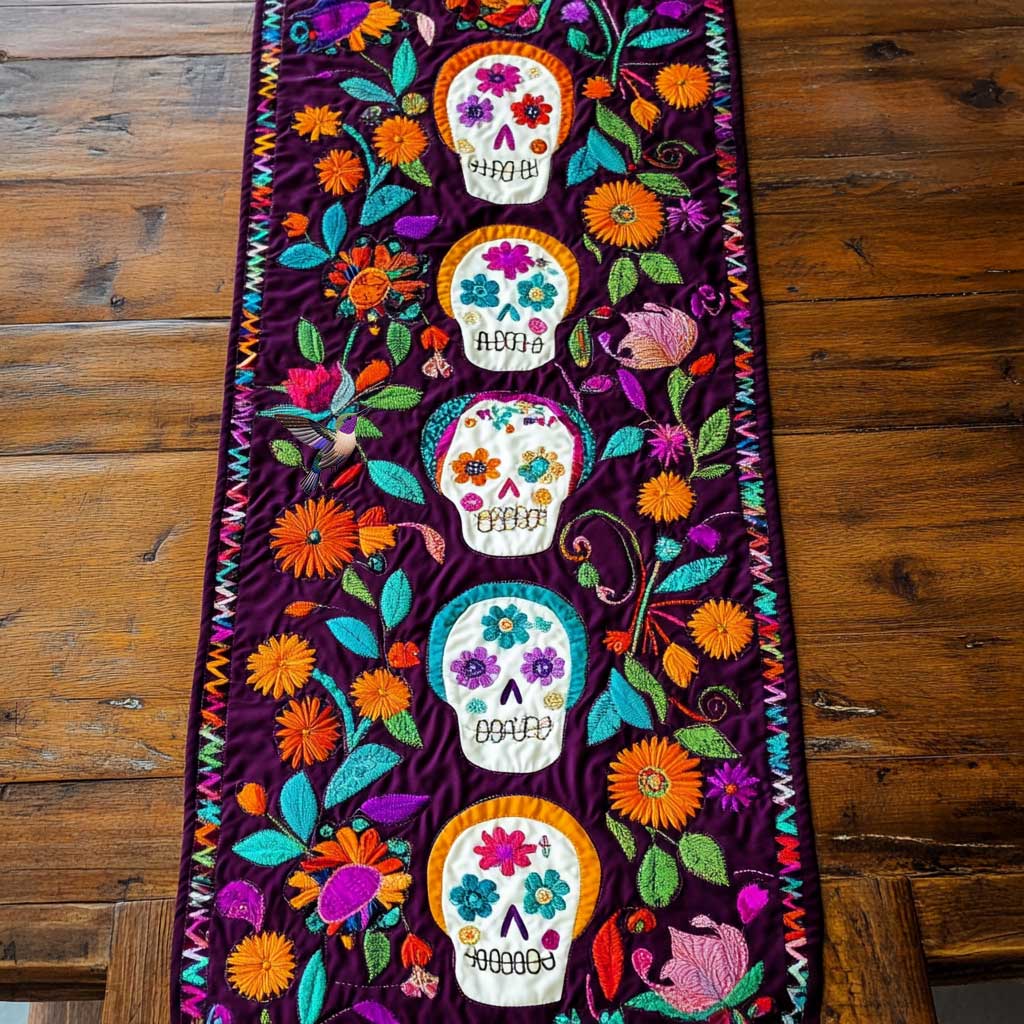 Day Of The Dead Vibrant Skulls Quilted Table Runner Decorations Items Gifts For People Who Like Skulls