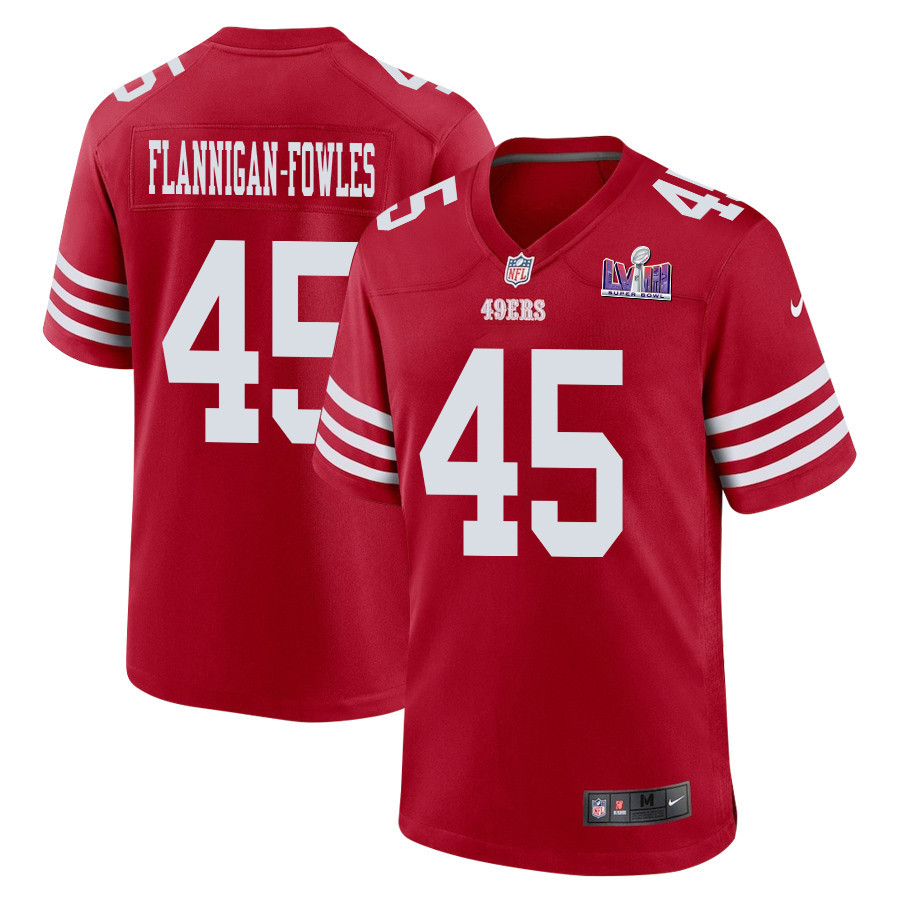 Demetrius Flannigan-Fowles 45 San Francisco 49ers Super Bowl LVIII Patch Game Men Jersey - Scarlet - JSDV943