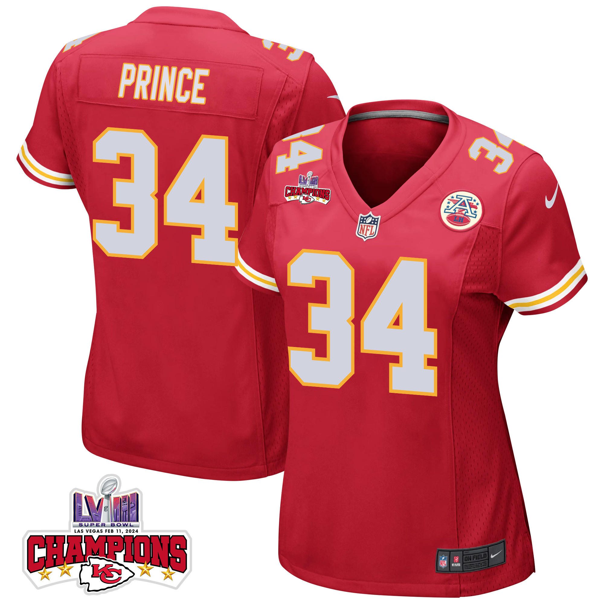 Deneric Prince 34 Kansas City Chiefs Super Bowl LVIII Champions 4 Stars Patch Game Women Jersey - Red - JSDV361