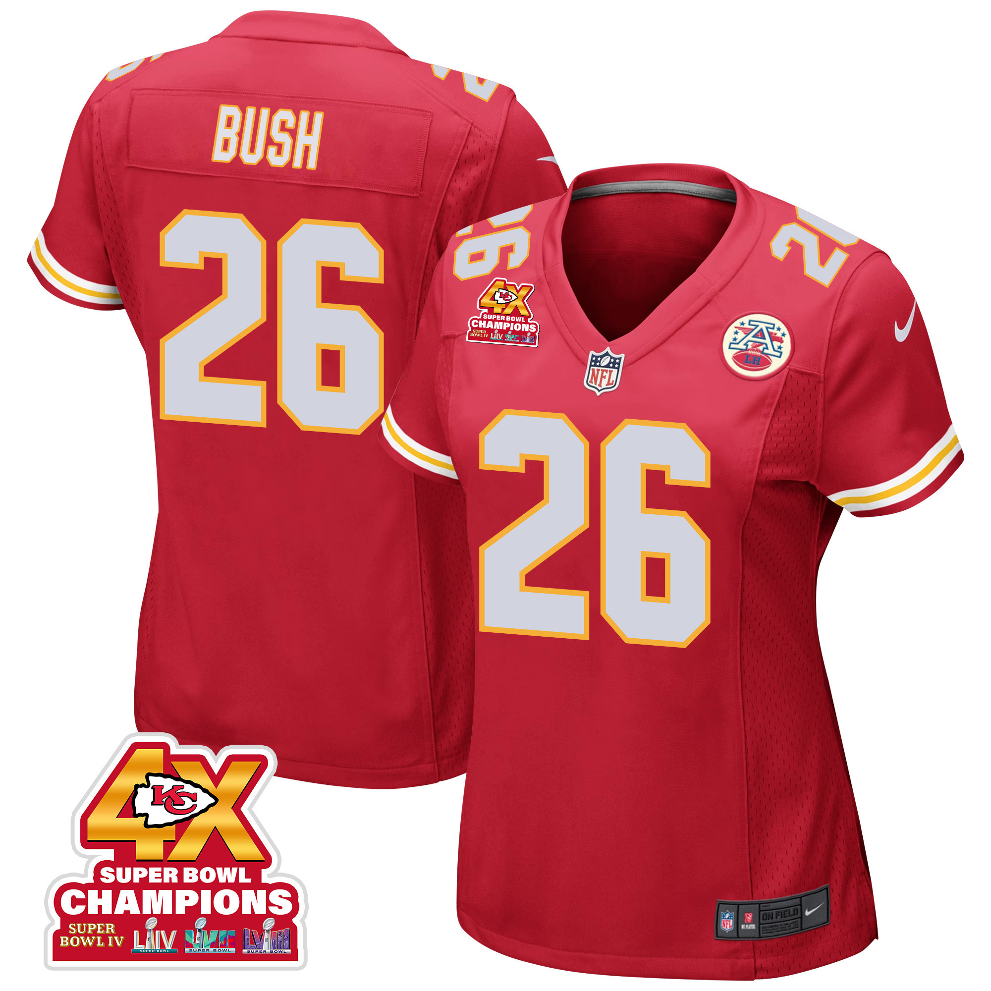 Deon Bush 26 Kansas City Chiefs Super Bowl LVIII Champions 4X Game Women Jersey - Red - JSDV464