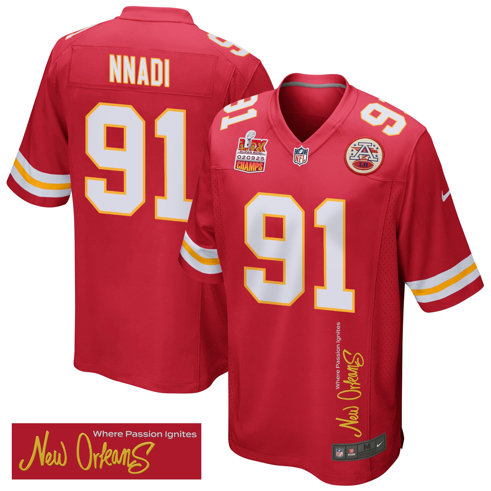 Derrick Nnadi 91 Kansas City Chiefs Super Bowl LIX Champions Patch 'New Orleans - Where Passion Ignites' EMBROIDERED Game Men Jersey - Red - JS432