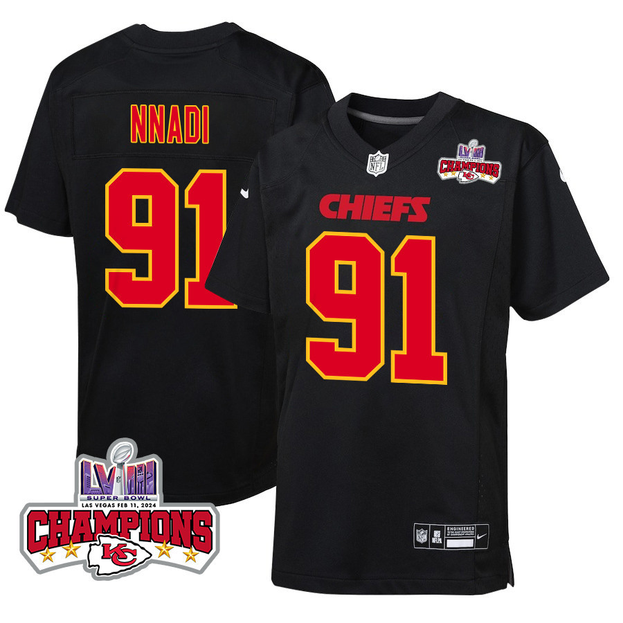 Derrick Nnadi 91 Kansas City Chiefs Super Bowl LVIII Champions 4 Stars Patch Fashion Game YOUTH Jersey - Carbon Black - JSDV641