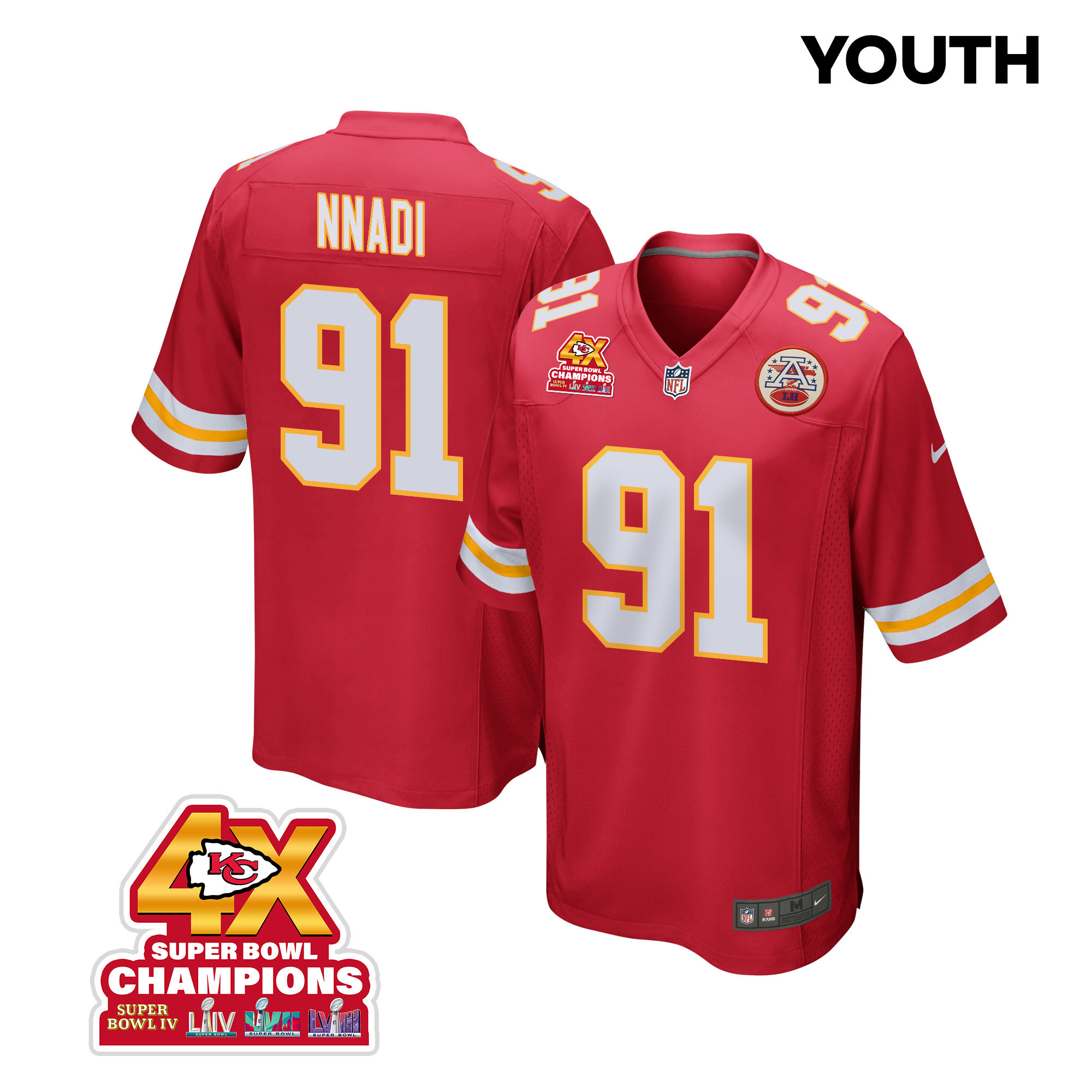 Derrick Nnadi 91 Kansas City Chiefs Super Bowl LVIII Champions 4X Game YOUTH Jersey - Red - JSDV386