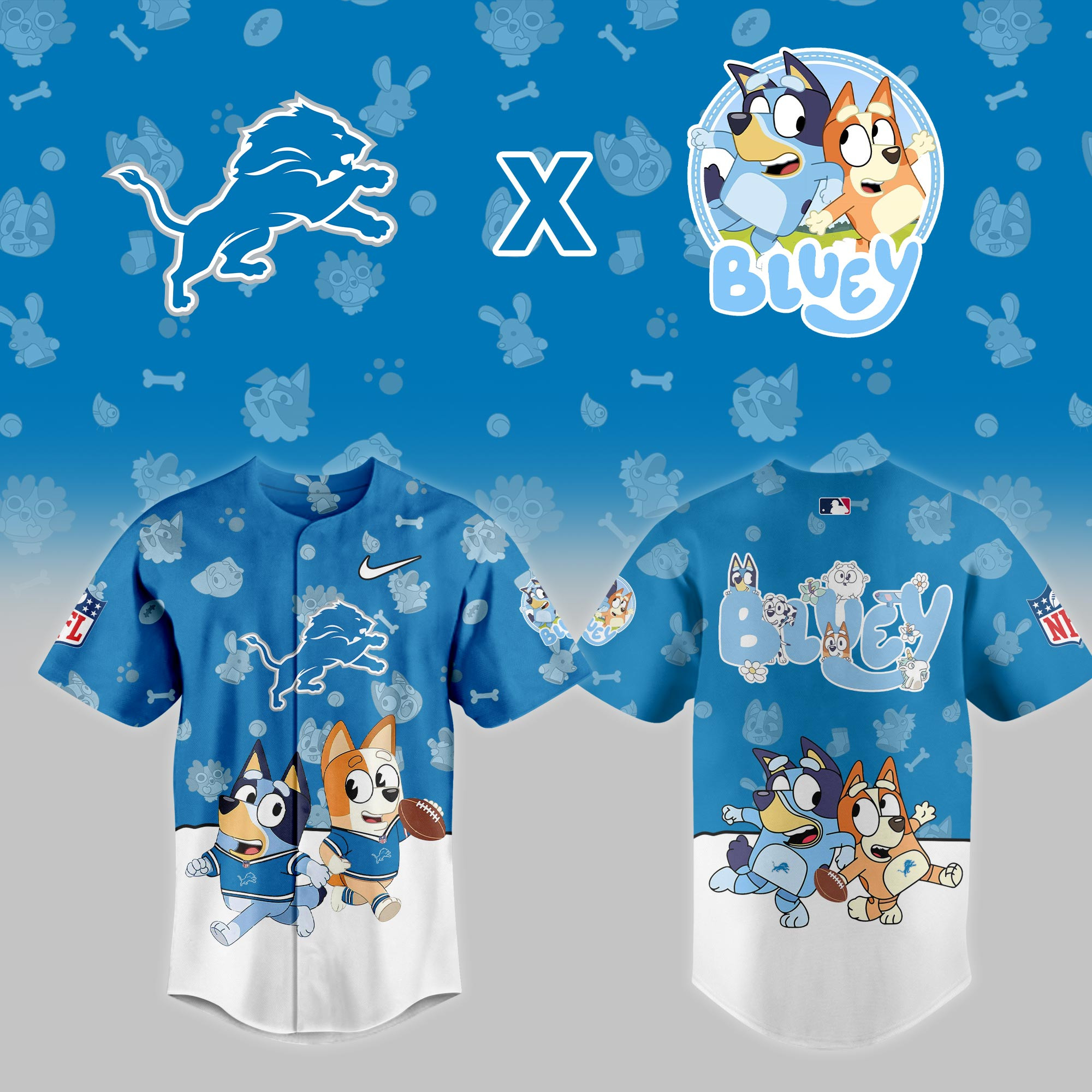 Detroit Lions Nfl X Bluey Night Baseball Jersey For Fans
