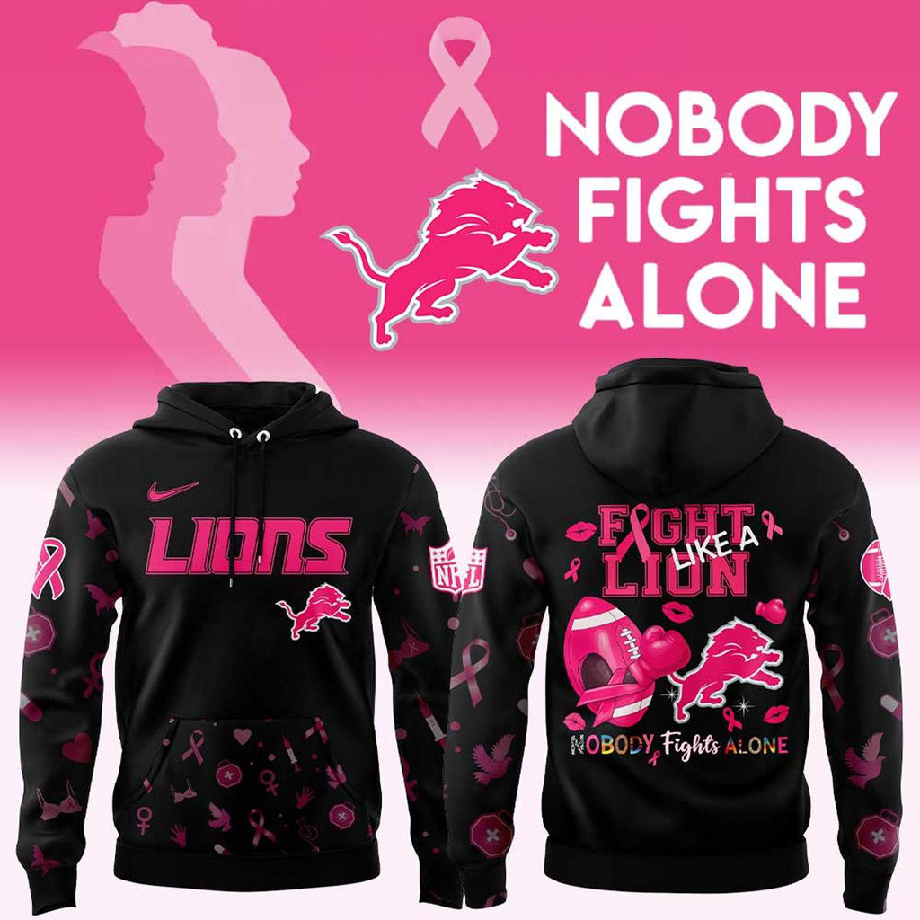 Detroit Lions Nobody Fights Alone Breast Cancer Hoodie Detroit Lions Merch Gifts For Women
