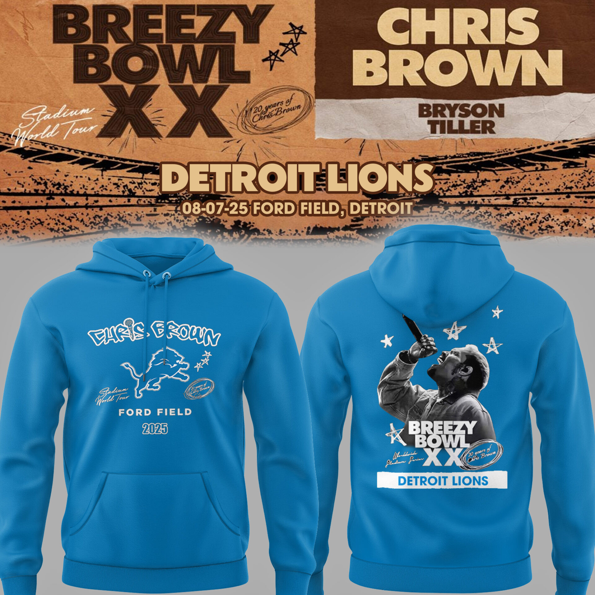 Detroit Lions X Chris Brown Breezy Bowl XX Tour 2025 Blue Hoodie Gift for Cb Fans