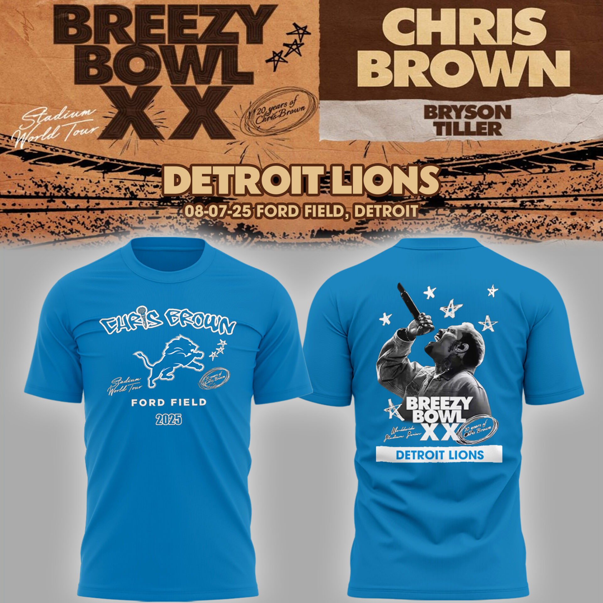 Detroit Lions X Chris Brown Breezy Bowl XX Tour 2025 Blue Shirt Gift for Fans