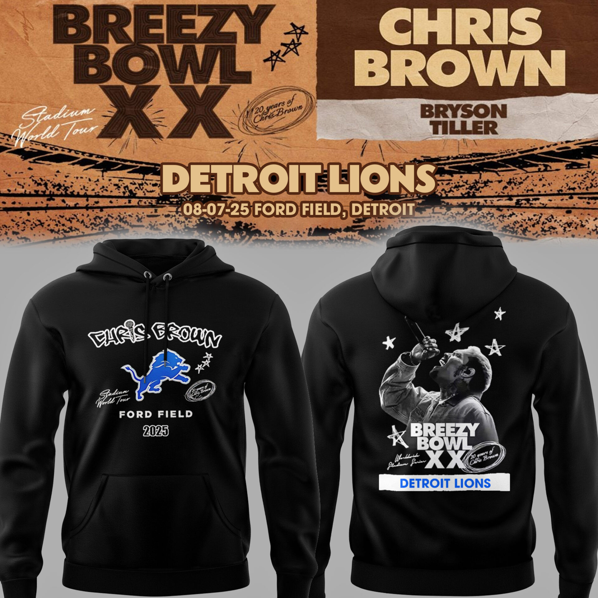Detroit Lions x Chris Brown Breezy Bowl XX Tour 2025 Hoodie Gift for CB Fans