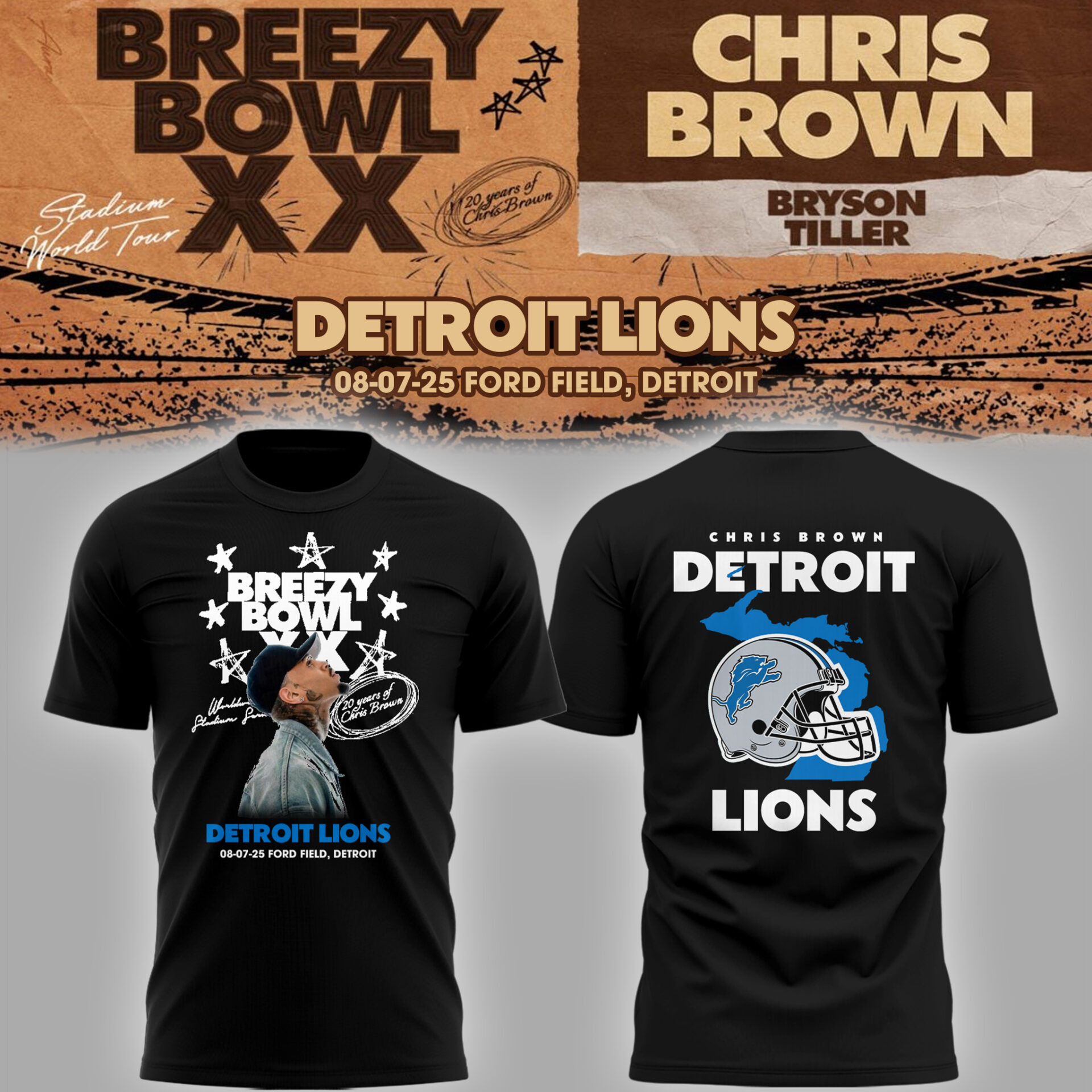 Detroit Lions X Chris Brown Breezy Bowl XX Tour 2025 Shirt Fan Merch