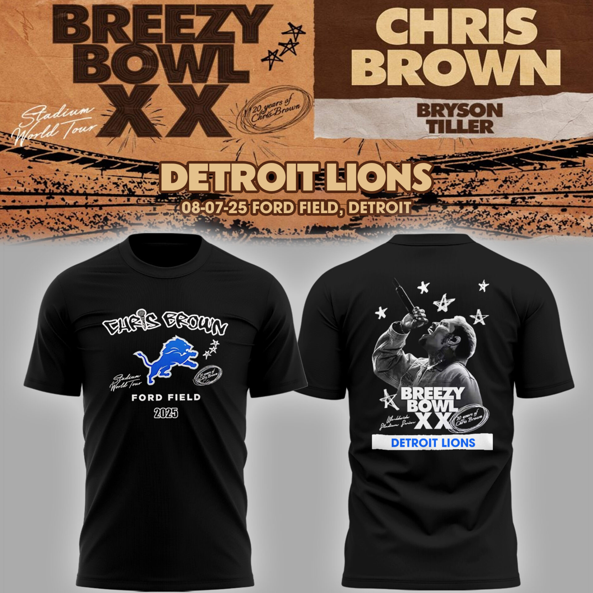 Detroit Lions X Chris Brown Breezy Bowl XX Tour 2025 Shirt for Fans