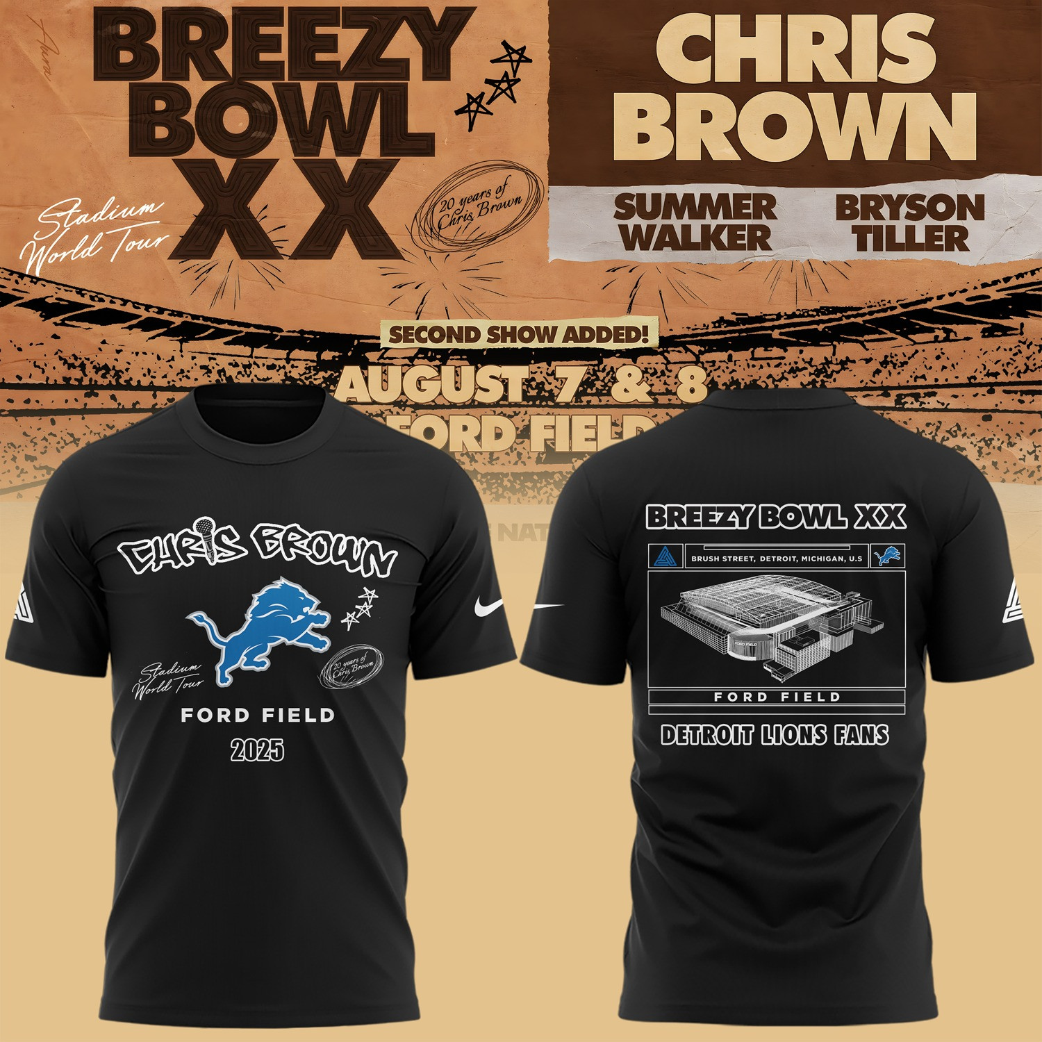 Detroit Lions X Chris Brown Breezy Bowl XX Tour 2025 Shirt Gift for Cb Fans