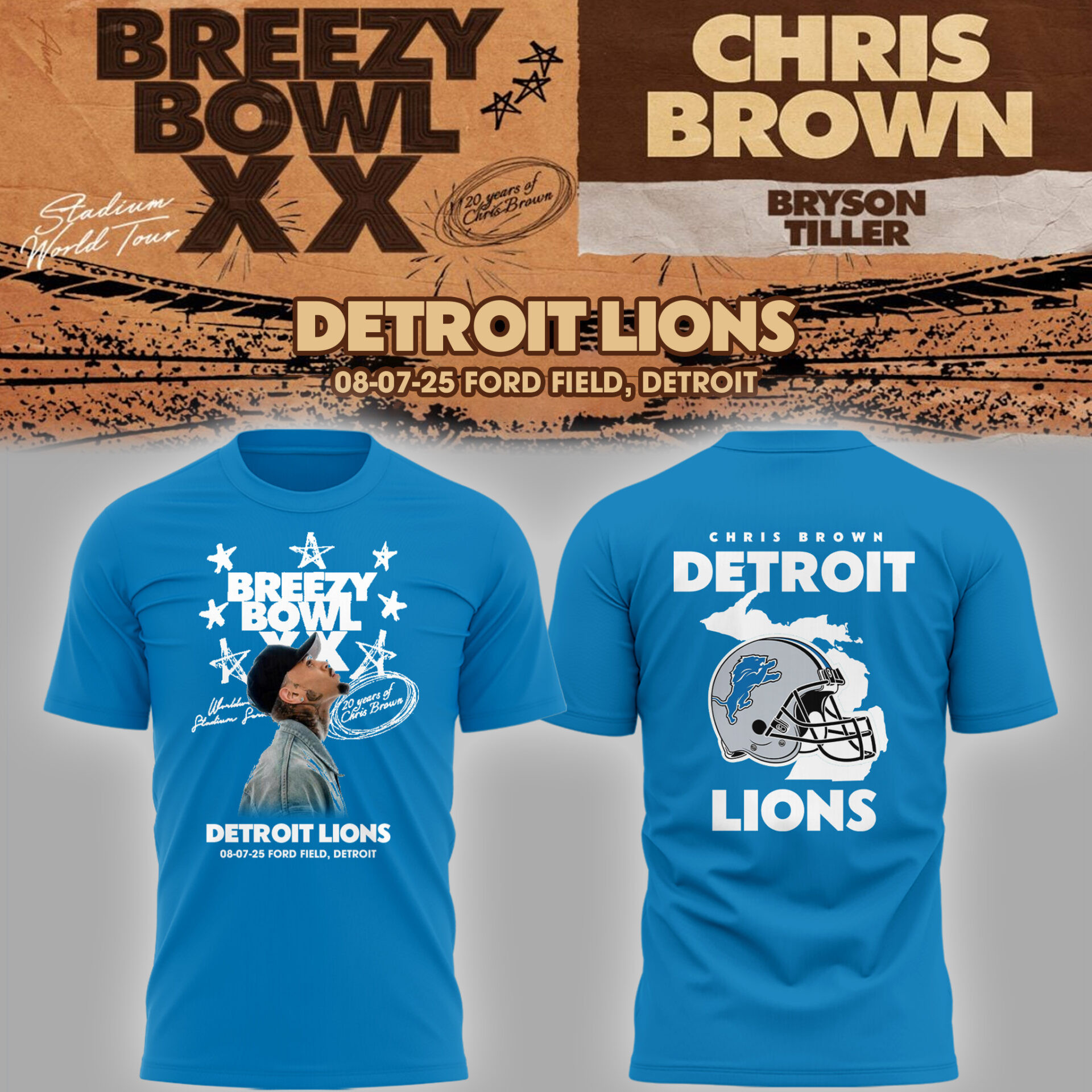 Detroit Lions X Chris Brown Breezy Bowl XX Tour 2025 Shirt Gift for Music Lovers