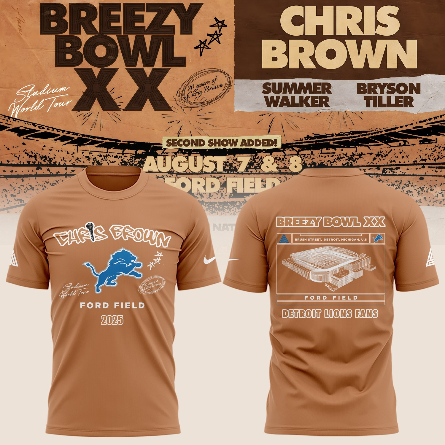 Detroit Lions X Chris Brown Breezy Bowl XX Tour 2025 Tshirt Merch for Fans