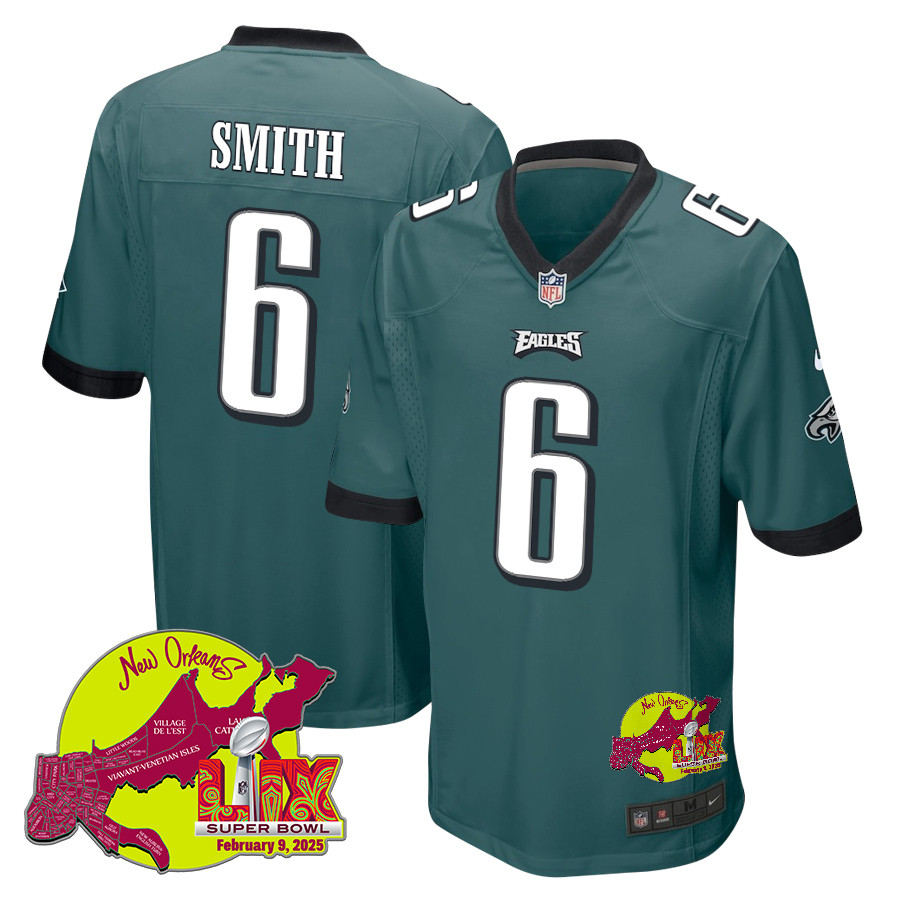 DeVonta Smith 6 Philadelphia Eagles Super Bowl LIX New Orleans Patch Game Men Jersey - Midnight Green - JS751